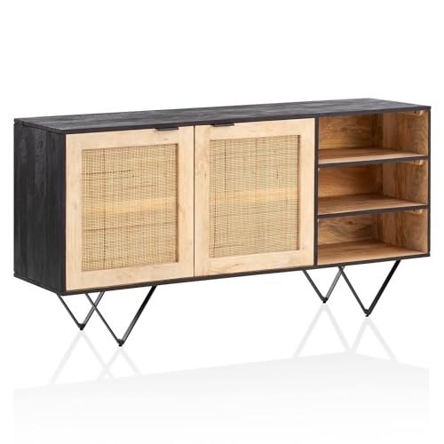 KADIMA DESIGN Sideboard 145x75x40 cm Mango Massivholz/Rattan Kommode mit 2 Türen | Hoher Kommodenschrank Schwarz/Braun | Standschrank Wohnzimmer mit Regal | Anrichte Rohrgeflecht von KADIMA DESIGN