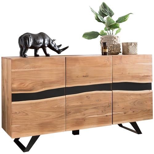 KADIMA DESIGN Sideboard 148 x 85 x 43 cm Massiv-Holz Akazie Natur Baumkante Anrichte | Landhaus-Stil Highboard mit 3 Türen | Flur Schrank Kommode von KADIMA DESIGN