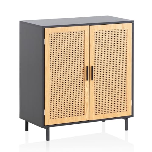 KADIMA DESIGN Sideboard 80x86,5x40 cm Kommode Schwarz mit Wiener Geflecht | Hoher Kommodenschrank Zeitlos | Standschrank Wohnzimmer mit 2 Türen | Anrichte Rattan von KADIMA DESIGN