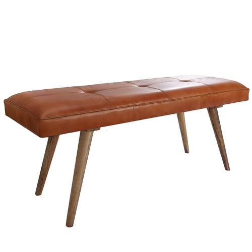 KADIMA DESIGN Sitzbank Ziegenleder/Massivholz Bank 117x51x38 cm im Retro Stil | 2er Polsterbank Flur | Gepolsterte Lederbank Esszimmer Braun | Kleine Bettbank Echtleder | von KADIMA DESIGN