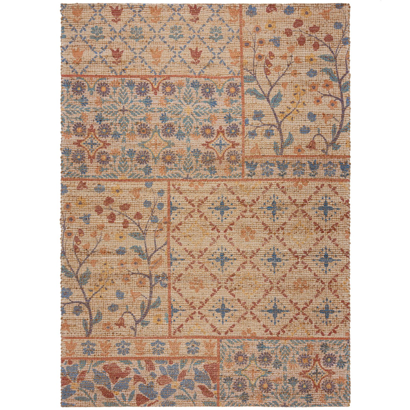 KADIMA DESIGN Teppich Boho Patchwork Wohnzimmer Teppich Kurzflor Rechteckig 80x150, Rechteckig, Höhe: 0 mm, Natur-Blau, 70% Jute, 26% Polyester, 4% Baumwolle, Flachgewebe von KADIMA DESIGN