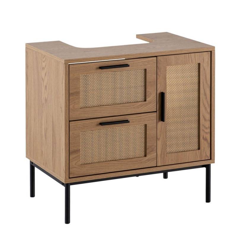 Wohnling Waschbeckenunterschrank Waschbeckenunterschrank Eiche-Optik 60x60x40 cm mit Tür und (Schubladen, Badezimmerschrank mit Rattangeflecht, Unterschrank) Schubladen, Badezimmerschrank mit Rattangeflecht, Unterschrank von Wohnling