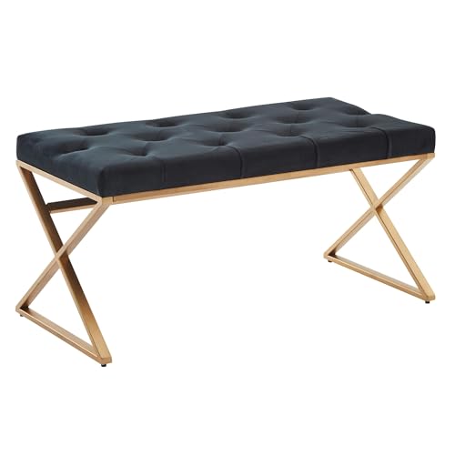 Sitzbank Samt Schwarz 90x46x44 cm Flur Polsterbank mit Metallgestell | Bettbank Schlafzimmer Chesterfield Design | Flurbank Garderobenbank Modern von KADIMA DESIGN