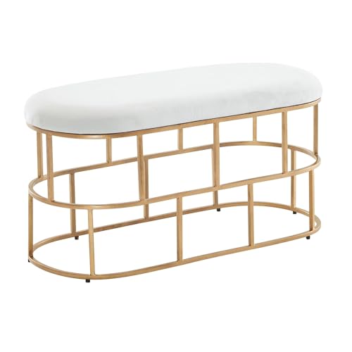 Sitzbank Samt Weiß/Gold 90x46x38 cm Flur Polsterbank mit Metallgestell | Design Bettbank Schlafzimmer | Flurbank Garderobenbank Modern von KADIMA DESIGN