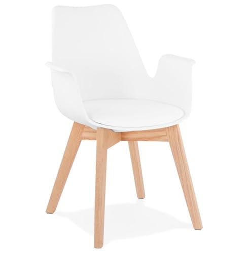 Weißer Schalenstuhl mit Armlehnen | Skandinavischer Esszimmerstuhl aus Kunstleder & hellem Eichenholz | Designer Stuhl gepolstert | Retro Küchenstuhl mit Holzbeinen | 58,5x50x82 cm - NIVEX Kollektion von KADIMA DESIGN