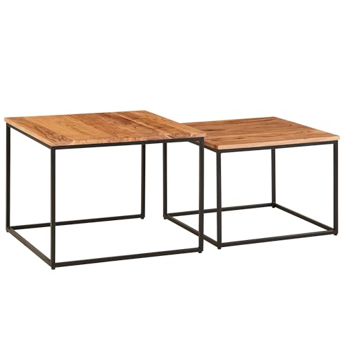 Wohnzimmertisch 2er Set Akazie Massivholz/Metall Beistelltisch Eckig | Design Couchtisch mit Metallbeine Sofatisch | Tischset 2-teilig Satztisch von KADIMA DESIGN