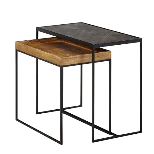 Wohnzimmertisch 2er Set Mango Massivholz/Stein-Optik Beistelltisch Eckig | Design Beistelltisch Industrial | Sofatisch Couchtisch Rechteckig | Tischset 2-teilig von KADIMA DESIGN
