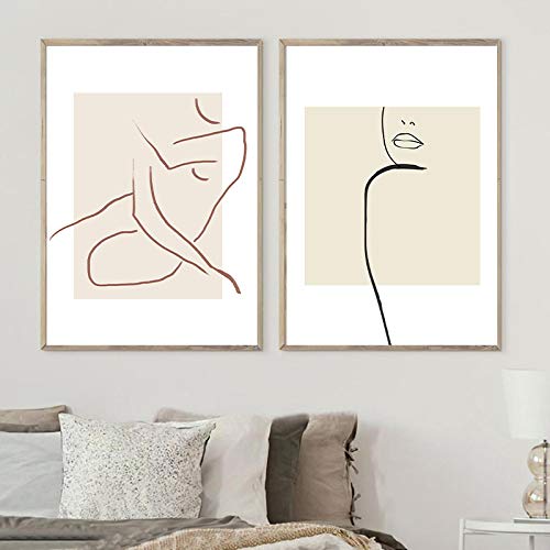 Abstrakte Frau Körper feine Linie Kunstdruck Neutrale Bilder Minimalistisches Poster Skandinavische Wandkunst Leinwand Malerei Dekor 70x90cmx2 Innenrahmen von KADING