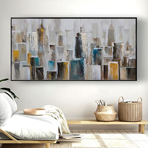 Abstrakte Wandkunst auf Leinwand, gerahmt – Gemälde Abstraktes New York City Panorama Wandkunst, goldenes und weißes Wandbild, Wohnzimmerdekoration, 70 x 142 cm (28 x 56 Zoll) mit Rahmen von KADING