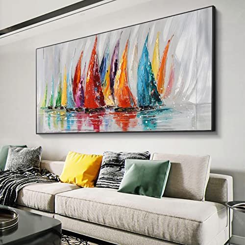 Abstraktes Leinwandbild Buntes Segelboot Gemälde Große Leinwand Ölgemälde Moderne Wandkunst für Wohnzimmerdekor 123x60cm(48x24in) mit Rahmen von KADING