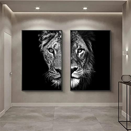 Animal Art Pictures Schwarz-Weiß-Löwe ​​Löwin Poster Dekorieren Sie das Zimmer Bild Leinwand Gemälde Wohnzimmerdekoration 60 x 85 cm (24 x 33 Zoll) x 2 Innenrahmen von KADING