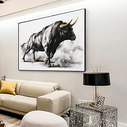 Bild Schwarzer Stier Gemälde Stierkampf Leinwand Kunst Gemälde Tiere Poster und Drucke Skandinavische Wandkunst für Wohnzimmer 90x135cm(35x53in) mit Rahmen von KADING