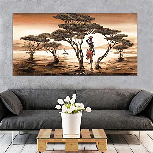 Bild auf Leinwand, afrikanische Kunst, Landschaft und Frau, Leinwandgemälde, Figur, Poster und Drucke, Wandbild für Wohnzimmer, 70 x 142 cm (28 x 56 Zoll), Innenrahmen von KADING