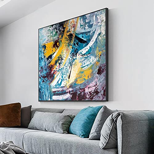 Gedrucktes blaues gemischtes gelbes Gemälde auf Leinwand Moderne abstrakte mehrfarbige Wandkunst Gemälde für die Heimdekoration Leinwandbild 70x70cm(28x28in) mit Rahmen von KADING