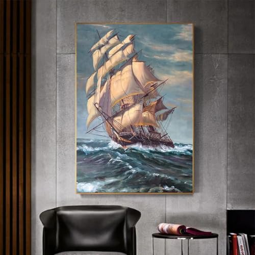 KADING Goldgerahmte Wandkunst, Retro-Bootsgemälde, Leinwand, Schiff, Seelandschaft, Drucke, Landschaft, Segelboot, Wandkunst, Bilder für die Heimdekoration, 30x42cm(12x17 Zoll), mit Rahmen von KADING