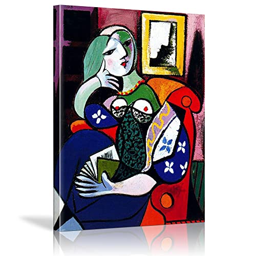 KADING Abstrakte Picasso-Frau mit Buch Berühmte Malerei Leinwanddruck Poster Colorfil Portrait Wandkunst Bild für Zimmer Wohnkultur 70x98cm(28x39in) mit Rahmen von KADING