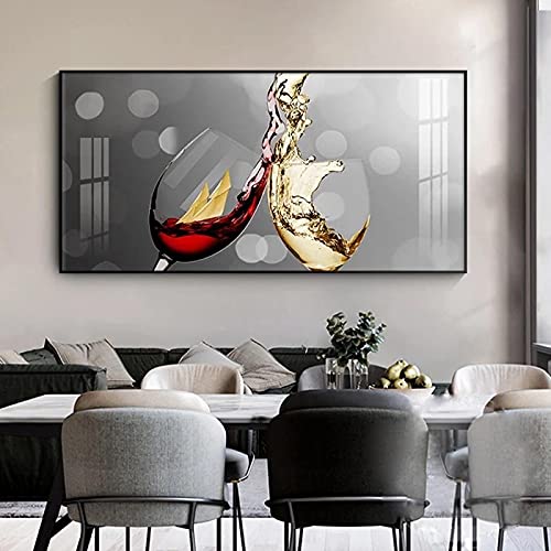KADING Drucke und Poster Abstraktes Rotweinglas Leinwand Gemälde Esszimmer Küche Wand Moderne Heimdekoration Wandkunst Bilder 72x35cm(28x14in) mit Rahmen von KADING