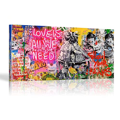 KADING LIEBE IST ALLES, WAS WIR BRAUCHEN - Banksy-Graffiti-Kunstgemälde, Druck auf Leinwand, Kunstposter und Drucke, Straßenkunst, Wandbild, Heimdekoration 60x120cm Mit Rahmen von KADING