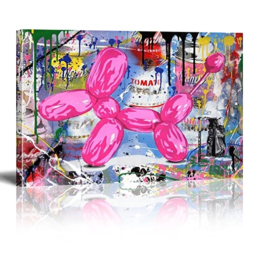 KADING Leinwand-Rosa-Ballon-Hund-Graffiti-Malerei, Wandkunst, Bilder, Cartoon-Drucke und Poster, modernes Zuhause, dekorativ für Wohnzimmer, 90 x 123 cm (35 x 48 Zoll) mit Rahmen von KADING