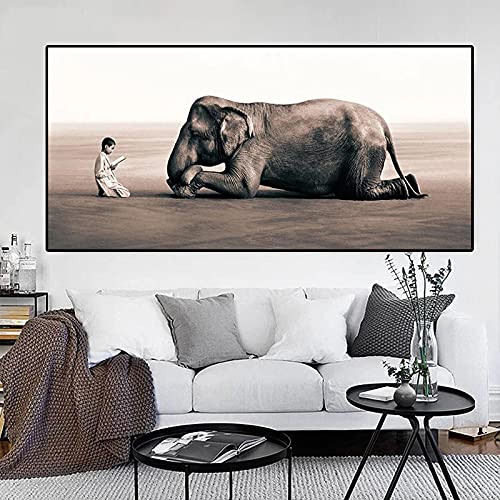 KADING Modernes abstraktes Gemälde auf Leinwand, Elefant, lesender Junge, der sich voreinander verbeugt, Posterdruck, implizites Wandkunstbild, Wohnkultur, 40 x 82 cm (16 x 32 Zoll) mit Rahmen von KADING