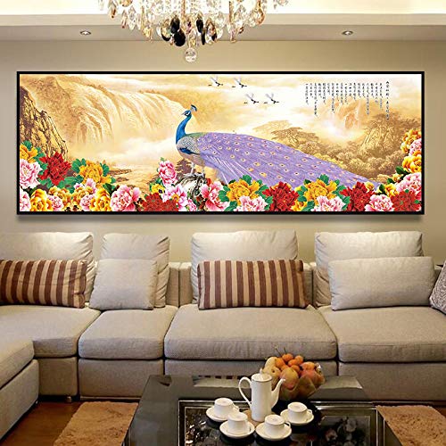 Leinwand Malerei Pfau Landschaft Wandkunst Chinesische Plakatdrucke Wohnkultur Wandbilder für Wohnzimmer Dekoration 70x210cm (28 "x83") Ungerahmt von KADING