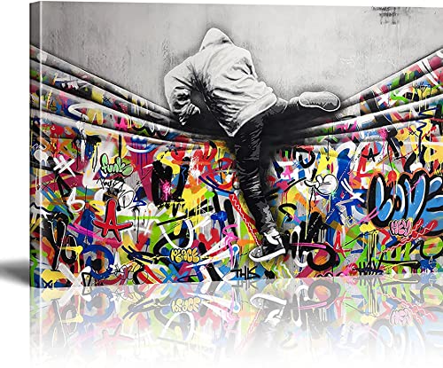 Leinwanddrucke Banksy Graffiti Wandkunst hinter dem Vorhang, Pop-Art, bunte Poster, gespannte Bilder für Wohnzimmer, moderne Wohnkultur, gerahmt, fertig zum Aufhängen, 70 x 100 cm von KADING