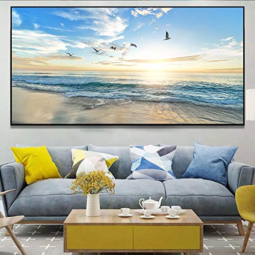 Ocean Beach Möwe und Sonnenaufgang Poster und Druck Wandkunst Leinwand Malerei Landschaft Bild Moderne Wohnzimmer Dekoration 80x160cm Ungerahmt von KADING