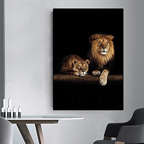 Tiere im Dunkeln, Leinwandbild, afrikanische wilde Löwenfamilie, Poster und Druck, Wandkunst, Bild für Wohnzimmer, Wanddekoration, 70 x 125 cm, mit Rahmen von KADING
