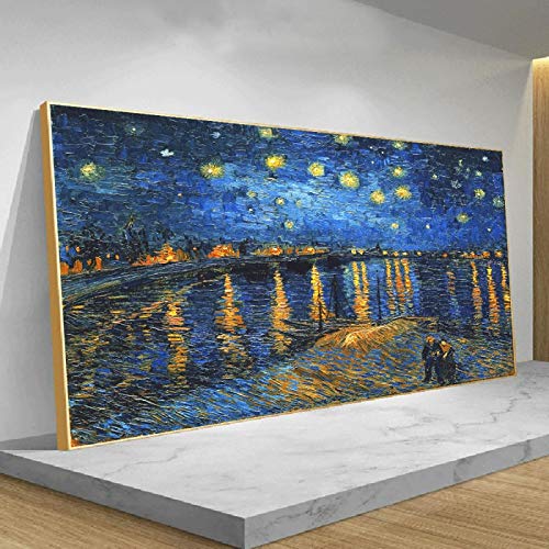 Van Gogh Gerahmte Bilder – Berühmtes Gemälde Sternennacht Leinwand Gemälde Bilder und Drucke Wandkunst für Wohnzimmerwände 95 x 190 cm (37 x 75 Zoll) mit goldenem Rahmen von KADING