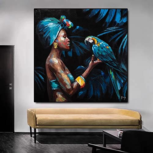 Wandkunst Abstrakte Bilder Afrikanische Frau und Papagei Leinwand Poster Drucke Leinwand Gemälde für Wohnzimmer Dekoration 85x85cm mit Rahmen von KADING