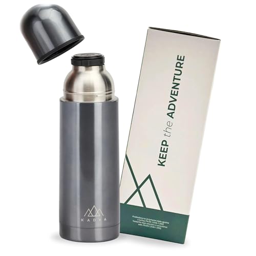 KADVA Thermoskanne VULCAN in Silber Fassungsvermögen 1000 ml Leichter und kompakter Edelstahl BPA-freier Deckel und Becher 2 in 1 Vakuum-Isolierung Thermoskanne hält warm und kalt Stylisches Design von KADVA
