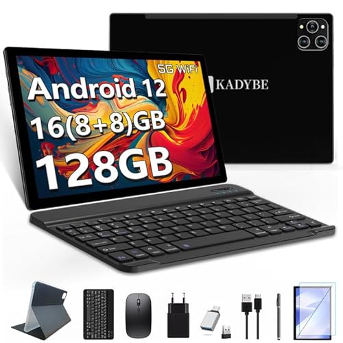 KADBYE 2024 Tablet 10 Zoll, Android 12 Tablet mit Tastatur, 16 GB RAM+128 GB ROM (TF 1TB), 2,4 GHz + 5G WiFi, 2,0 GHz/Octa-Core mit Maus und Stift, 5 MP/13 MP HD Kamera, GPS/GMS/7000 mAh, Schwarz… von KADYBE