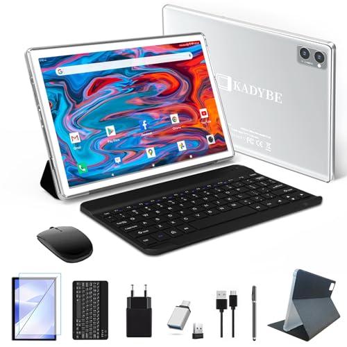 KADYBE 2025 Neueste Android Tablet 10 Zoll,128GB ROM (1TB TF),Octa-Core,1080FHD,|Gesichtserkennung| 8+13 MP | 1.8GHz | 7000 mAh |Tablet PC mit Tastatur Maus Stift Type-C (Silbrig) von KADYBE