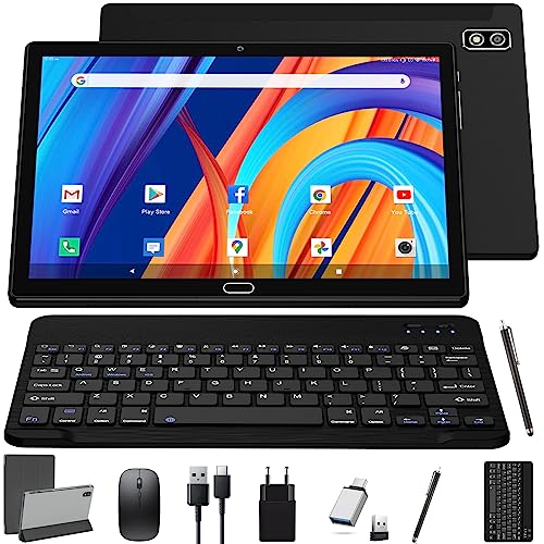 KADYBE 2025 Neueste Android 13 Tablet 10 Zoll,2-in-1 Tablet Mit 2 SIM Slots 1 SD, 64GB ROM TF 512GB,Octa-Core,Tablets PC mit Tastatur Maus Schutzhülle,1080 LCD,5MP+13MP,WiFi GPS OTG-Typ C(Schwarz) von KADYBE