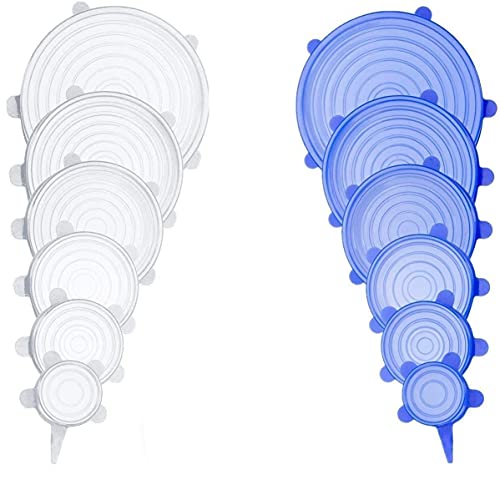 Elastische Silikon-Deckel, wiederverwendbar, langlebig, dehnbar, ideal für die Frischhaltung von Speisen und Getränken, Spülmaschine und Gefrierschrank, 12 Deckel - Weiß + Blau von KAEHA