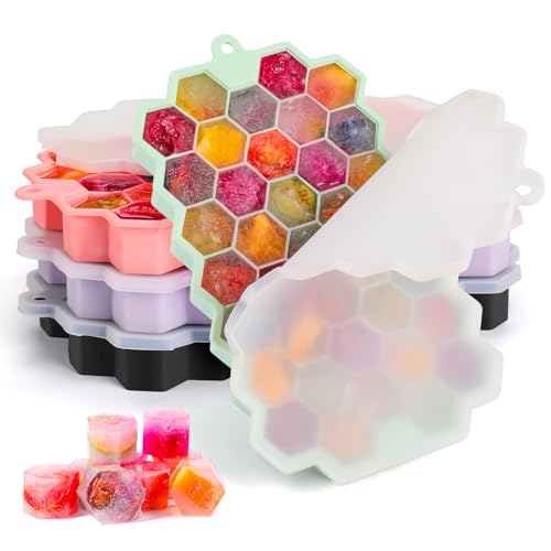 3 Stück Eiswürfelform, Silikon Eiswürfelbehälter XL Mit Deckel, Stapelbar und Spülmaschinenfest Eiswürfelformen, Für Bier,WeinUnd Baby Snack Inklusiv (schwarz+lila+grün+rosa, 4er Set(148 Eiswürfel)) von KAERMU