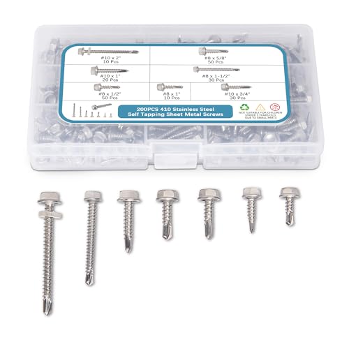 Tek Schrauben Sortiment Set – 200 Stück selbstbohrende Schrauben aus Edelstahl 410, verschiedene Größen #8 & #10, für Metall, Kunststoff & Holz – mit praktischer Aufbewahrungsbox von KAFEK