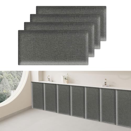 KAHCOP 4 Stück Wandpaneele gepolstert, Baumwolle und Leinen Wandkissen 40x20 cm, Einfache Montage ohne Bohren, Reduziert Schall und Verbessert Akustik, Pflegeleicht (Dunkelgrau) von KAHCOP