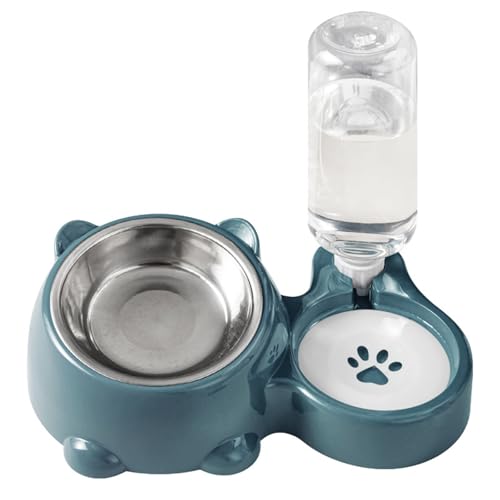 KAHDGSS 2 In 1 Erhöhte Katzenhund Schüssel Schüssel Mit Lecksistentem Trinkflaschen Abtrennbare Metall Feeder Spar Design Verschüttung Hundeschale Mit Edelstahlschüssel von KAHDGSS