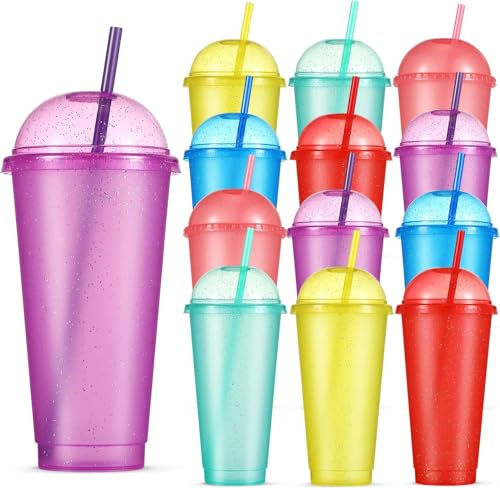 12Pcs Bunte Plastikbecher 710ml Trinkbecher mit Deckel und Strohhalm, wiederverwendbar Plastikbecher bunte Glitzer Kunststoffbecher Strohhalmbecher Wasserbecher Reisebecher Tasse, Partybecher von KAHEIGN
