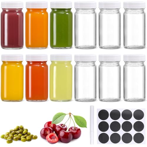 12Pcs Kleine Shot Flaschen zum befüllen, 60ml Mini Glasflaschen Glas Ingwer Shot Flaschen mit Deckel, Mehrweg Ingwer Schnapsflaschen für Saft Smoothie Ingwer Shot Whiskey von KAHEIGN