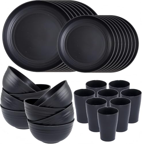 32Pcs Camping Geschirr Set für 8 Personen, Wiederverwendbar Kunststoff-Geschirrset inkl. Schüssel, Teller, Becher, Unzerbrechliche Plastikgeschirr für Picknick, Umweltfreundlich Wiederverwendbar von KAHEIGN
