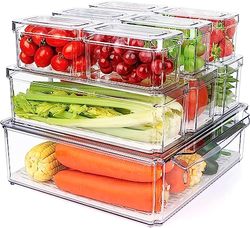 KAHEIGN 10Pcs Kühlschrank Organizer Stapelbar Aufbewahrungsbox, 3 Größen Transparente Vorratsschrank Küche Organizer BPA-Frei Aufbewahrungsbehälter Organizer-Boxen mit Griffen für Kühlschrank von KAHEIGN