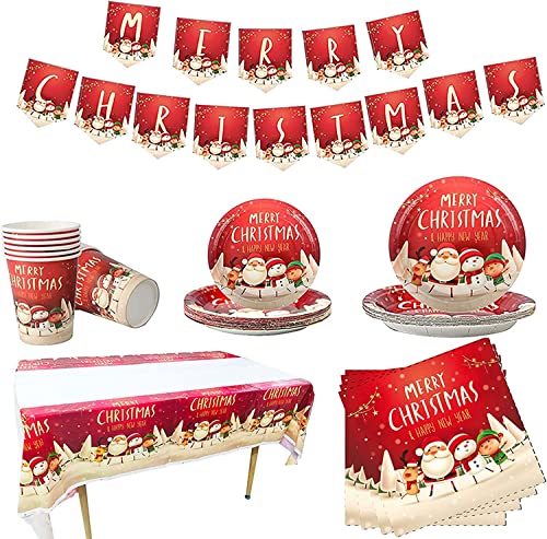 KAHEIGN 118Pcs Weihnachten Geschirr Set für 16Gäste, Weihnachten Partygeschirr Set Tischdecke Banner 16 Teller&Becher&Messer&Gabel&Löffel Servietten, Weihnachten Party Deko von KAHEIGN