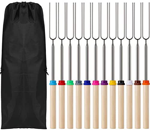 KAHEIGN 12Pcs Grillspieße Edelstahl Marshmallow BBQ Roasting Sticks, 31cm - 81cm Teleskop Grillspieß Bratstäbchen mit Holzgriff Lagerfeuerspieße Hot-Dog Gabeln für Camping Grill (12 Farben von KAHEIGN