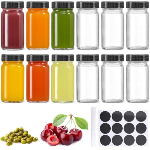 KAHEIGN 12Pcs Kleine Shot Flaschen zum befüllen, 60ml Glas Ingwer Shot Flaschen mit Deckel, Mini Glasflaschen Mehrweg Ingwer Schnapsflaschen Saftglasflaschen für Saft Smoothie Ingwer Shot Whiskey von KAHEIGN