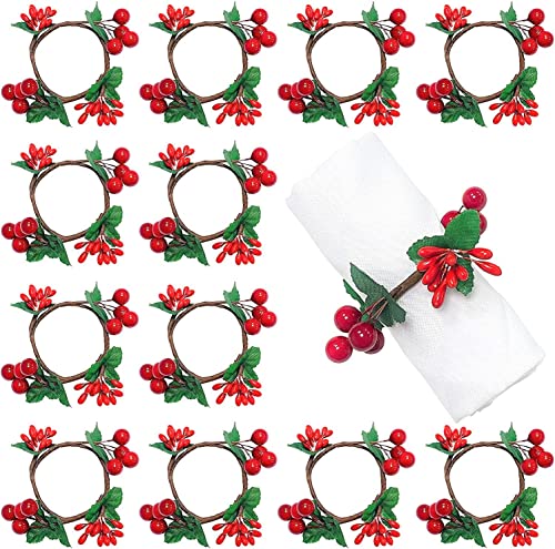 KAHEIGN 12Pcs Weihnachten Serviettenringe Rote Beeren Serviettenhalter für Weihnachten, Rustikale Weihnachtsserviettenringe Halter für Party Tischdekoration von KAHEIGN