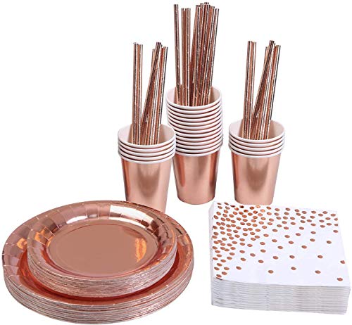 KAHEIGN 146Pcs Rosegold Partygeschirr Set für 24 Gäste, Partygeschirr zubehör Set inkl. Papier Teller Tassen Strohhalme Servietten für Geburtstagsparty Dekoration von KAHEIGN