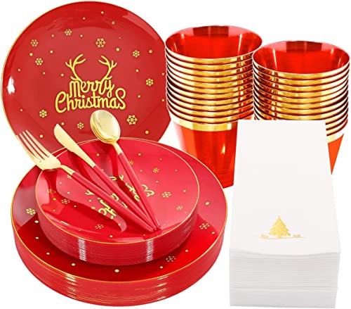 KAHEIGN 175Pcs Mehrweg Weihnachtsgeschirr Set für 25 Personen, Wiederverwendbares Weihnachten Geschirr Set mit 25 Speiseteller 25 Salatteller 25 Messer 25 Gabeln 25 Löffel 25 Servietten für Party von KAHEIGN