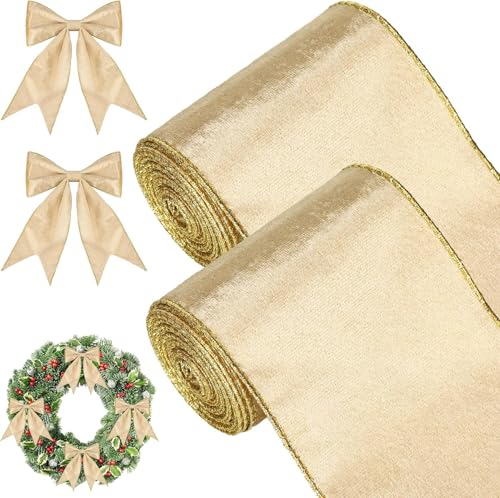 KAHEIGN 2 Rollen Weihnachtsband Gold Weihnachten Samtband, 11m x 10cm Breit Weihnachtssamtband mit Drahtrand, Vintage-Weihnachtsband für Weihnachten, DIY Schleife Dekoband Samt Schleifenband KAHEIGN 2 Rollen Weihnachtsband Gold Weihnachten Samtband, 11m x 10cm Breit Weihnachtssamtband mit Drahtrand, Vintage-Weihnachtsband für Weihnachten, DIY Schleife Dekoband Samt Schleifenband von KAHEIGN